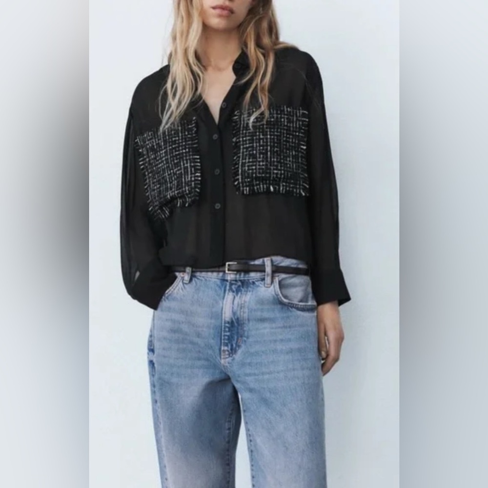 Zara see through Black and White Textured Blouse